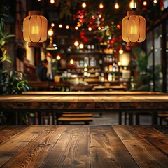 A cozy cafe interior with warmly lit lamps, wooden tables, and inviting atmosphere. - obrazy, fototapety, plakaty