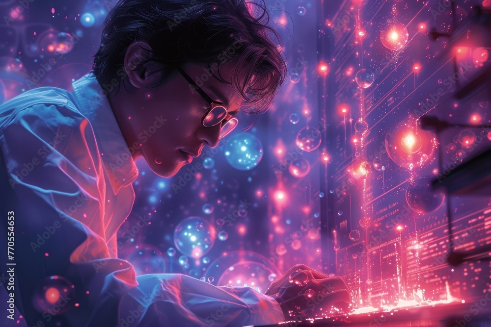 Poster a quantum physicist in a lab, where portals to parallel universes are being opened, surrounded by fl