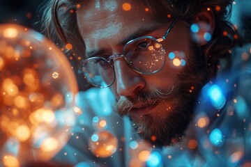 A quantum physicist in a lab, where portals to parallel universes are being opened, surrounded by floating orbs of energy. - obrazy, fototapety, plakaty