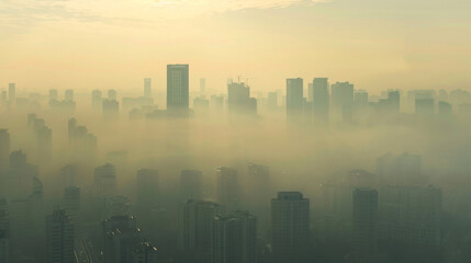 A city engulfed in thick unhealthy smog with barely visible skyscrapers showcasing air pollutions grip. - obrazy, fototapety, plakaty