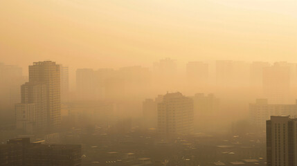 A city engulfed in thick unhealthy smog with barely visible skyscrapers showcasing air pollutions grip.