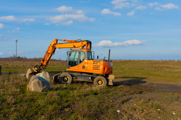 bulldozer at work, industry, excavator, heavy, vehicle, yellow, wheel, digger