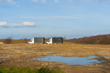 truck on the road agriculture, grass, building