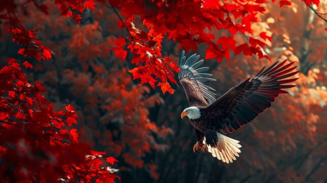 An impactful image depicting the power and grace of a bald eagle in mid-flight among stunning red autumn leaves