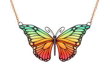Colorful Butterfly Necklace on Gold Chain. On a White or Clear Surface PNG Transparent Background.