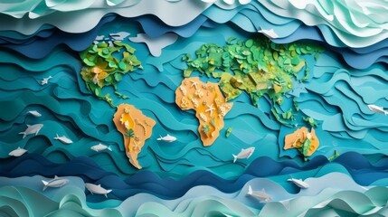 A stunning and intricate paper cutout world map featuring swirling ocean waves, colorful fish, and a mesmerizing blue color palette on a vibrant turquoise background.