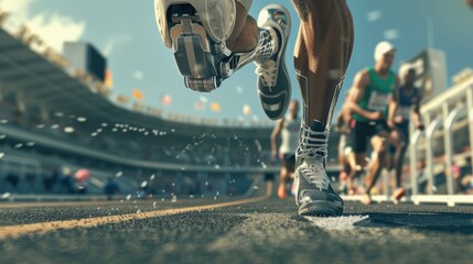 an athlete running around the stadium with a prosthetic leg. A disabled athlete. Healthy lifestyle, living with a disability