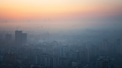 Fototapeta na wymiar A cityscape showing smog and pollution hanging over the city reducing visibility and air quality.