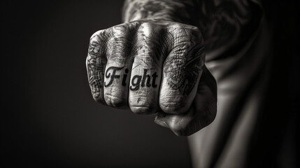 Fototapeta na wymiar A clenched fist with a tattoo reading Fight embodying the battle against addiction.