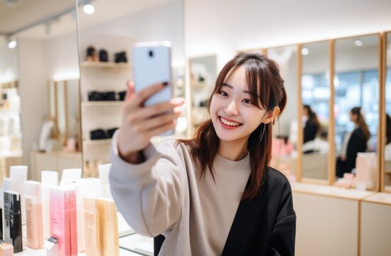Happy girl at shopping. Cheerful girls shopping for clothes. Young girl choosing clothes in a clothes shop. Generative AI.