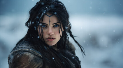 Portrait of a Shield Maiden Viking Woman in Winter. Piercing Blue Eyes with Braided Black Dark Hair. Old Viking Costume.