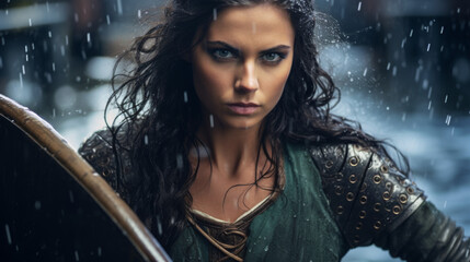 Portrait of a Shield Maiden Viking Woman in the Rain. Piercing Blue Eyes with Brown Wild Hair. Old Viking Costume.