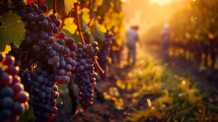 Warm sunset over a lush vineyard, showcasing ripe grape clusters and workers tending to the vines
