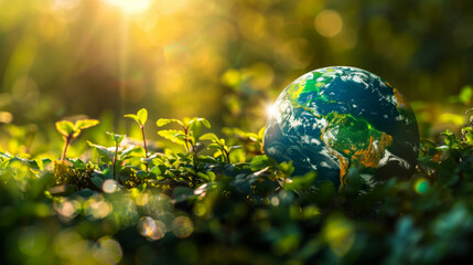 Obraz na płótnie Canvas A small blue and green globe is placed on a lush green grass field with a blurred forest in the background. A small green plant is growing on the globe. The globe is a representation of the earth.