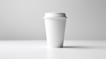 A white disposable paper cup with lid on white background. Side view. Copy space, place for text, empty space.