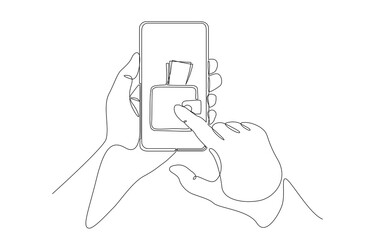 Continuous one line drawing of hand holding smart phone with wallet on screen, mobile banking or digital wallet concept, single line art. - obrazy, fototapety, plakaty