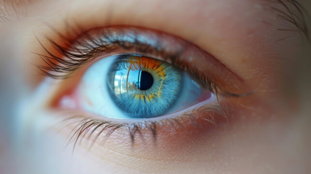 Beautiful blue eye close-up. Close-up of human eye with iris. Macro shot.