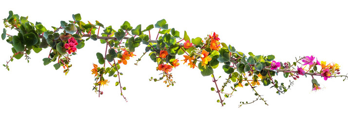 Succulent leaves hanging vines ivy bush climbing epiphytic plant with colorful flowers, isolated on transparent background