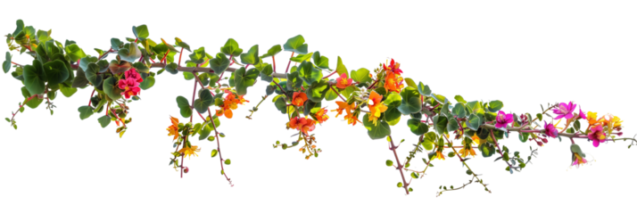 Succulent leaves hanging vines ivy bush climbing epiphytic plant with colorful flowers, isolated on transparent background
