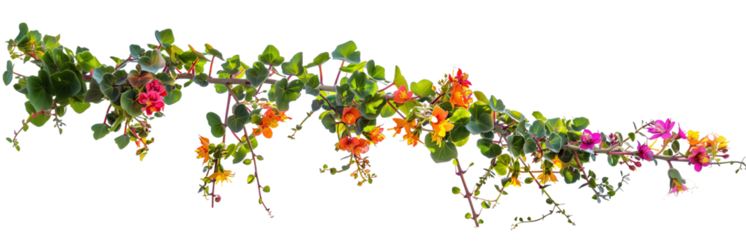 Succulent leaves hanging vines ivy bush climbing epiphytic plant with colorful flowers, isolated on transparent background