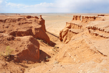 View on Bayanzag Flaming Cliffs  on the Mongolian Gobi desert containing fossils of jurassic...