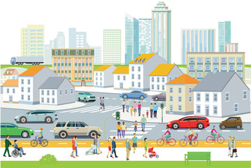 Obraz premium Stadtsilhouette einer Stadt mit Verkehr und Menschen, illustration