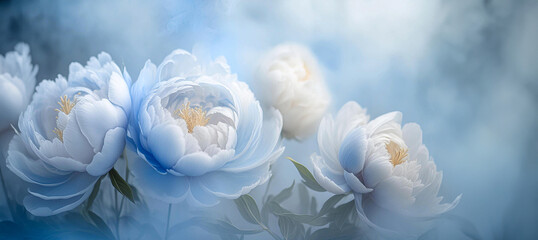 Tło niebieskie kwiaty. Pastelowe jasne peonie. Wiosenne tło kwiatowe. Błękit i biel - obrazy, fototapety, plakaty