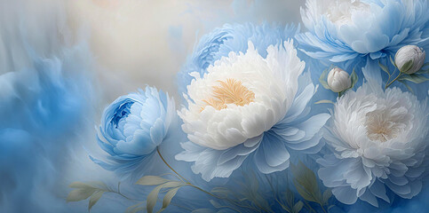 Tło niebieskie kwiaty. Pastelowe jasne peonie. Wiosenne tło kwiatowe. Błękit i biel