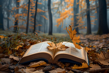 Otwarta książka na leśnej drodze w okresie jesiennym - obrazy, fototapety, plakaty