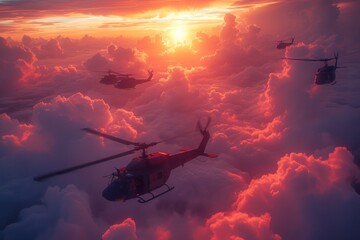 Fototapeta premium Striking image of military helicopters soaring across a cloud-filled sky during a mission