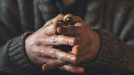 A close-up of hands nervously fidgeting with a small object symbolizing anxiety and restlessness. - obrazy, fototapety, plakaty
