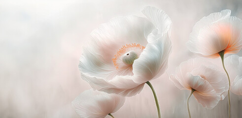 Abstrakcyjne kwiaty białe maki. Pastelowe tło kwiatowe. Wiosenna tapeta z kwiatami