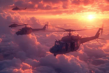 Fotobehang Striking image of military helicopters soaring across a cloud-filled sky during a mission © yuliachupina