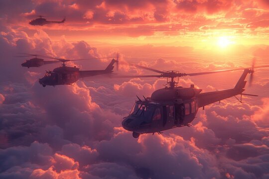 Striking image of military helicopters soaring across a cloud-filled sky during a mission