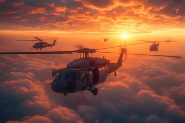 Striking image of military helicopters soaring across a cloud-filled sky during a mission - obrazy, fototapety, plakaty