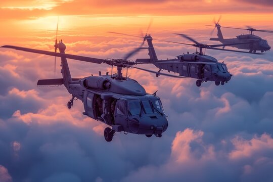 Striking image of military helicopters soaring across a cloud-filled sky during a mission