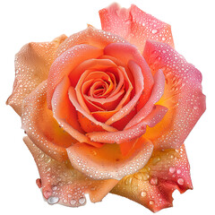 A close-up of a dew-kissed rose at dawn, vibrant petals glistening, isolated on transparent background