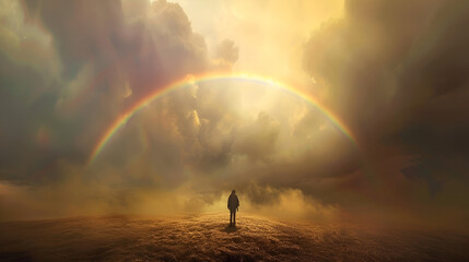 A man standing under the rainbow and the clouds - obrazy, fototapety, plakaty