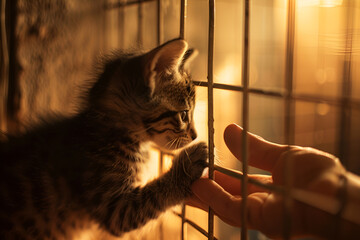 Mały kotek zamknięty w klatce czeka na nowego właściciela w schronisku dla zwierząt - obrazy, fototapety, plakaty