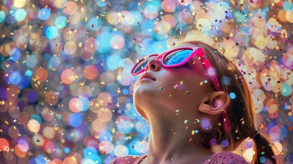 A woman wearing pink sunglasses is looking up into the sky, appearing mesmerized