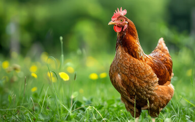 Chicken is standing in field of grass. Chicken is brown and has red head. Grass is green and sky is blue - obrazy, fototapety, plakaty