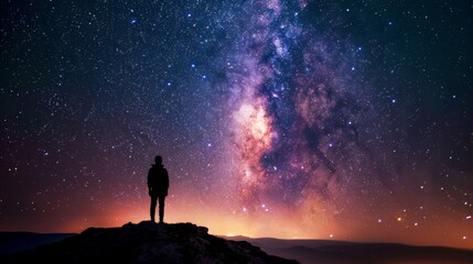 Man Observing Night Sky From Mountain Summit - obrazy, fototapety, plakaty