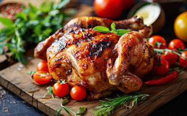 Roasted chicken with side of tomatoes and herbs on wooden cutting board. Chicken is cooked to perfection and looks delicious - Powered by Adobe