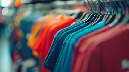 A neat row of colorful t-shirts hanging on a rack in a store, neatly displayed for customers to browse and purchase - obrazy, fototapety, plakaty