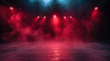 Fototapeta na wymiar The dark stage shows, dark red background, an empty dark scene, neon light, and spotlights The concrete floor and studio room with smoke float up for display products - generative ai