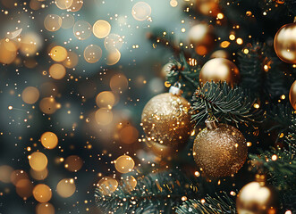Obraz na płótnie Canvas Christmas tree with golden balls on abstract blurred background