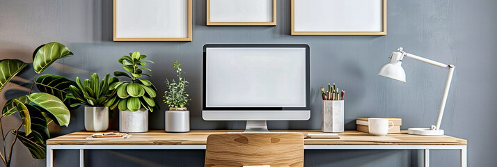 Creative Workspace Redefined: A Modern Desk Setup Showcasing the Minimalist Aesthetic of a Designers Office with a Blank Computer Screen