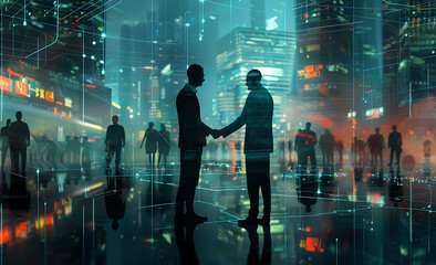 Business people shaking hands with a digital business network background, in a double exposure