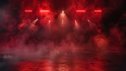 Naklejka premium The dark stage shows, dark red background, an empty dark scene, neon light, and spotlights The concrete floor and studio room with smoke float up for display products - generative ai