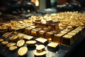 Fotobehang Gold alloy bars with bitcoins on dark table. World stock market indices. The global economy. © Maris Maskalans